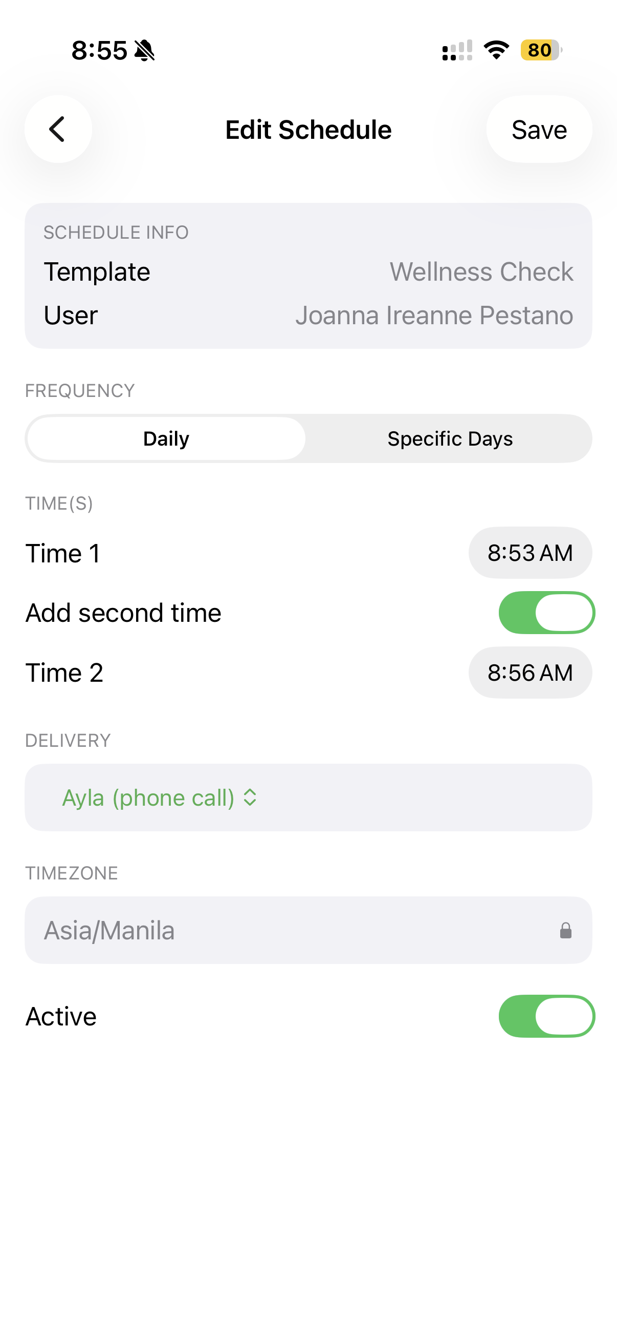 Edit schedule screen showing two call times