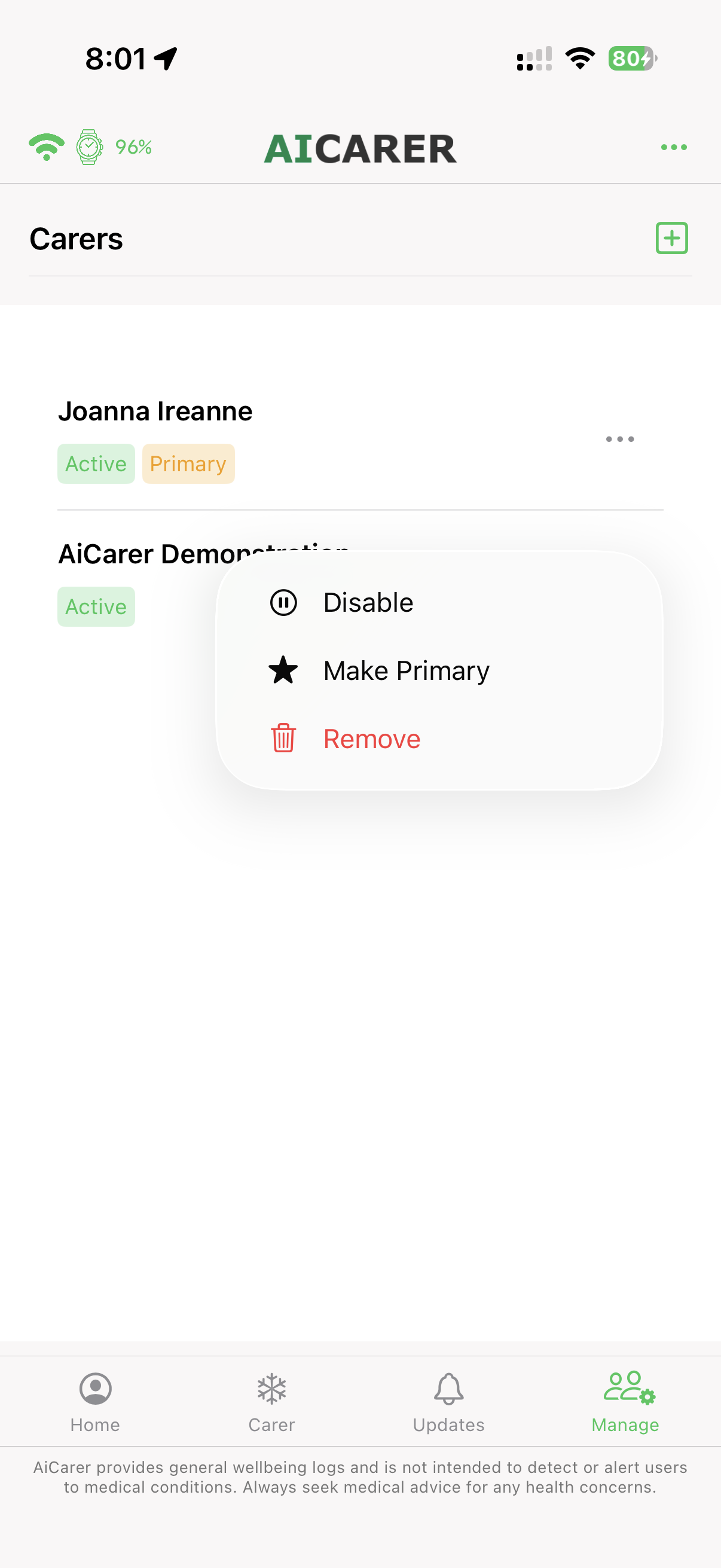 Carer management menu with Disable, Make Primary, and Remove