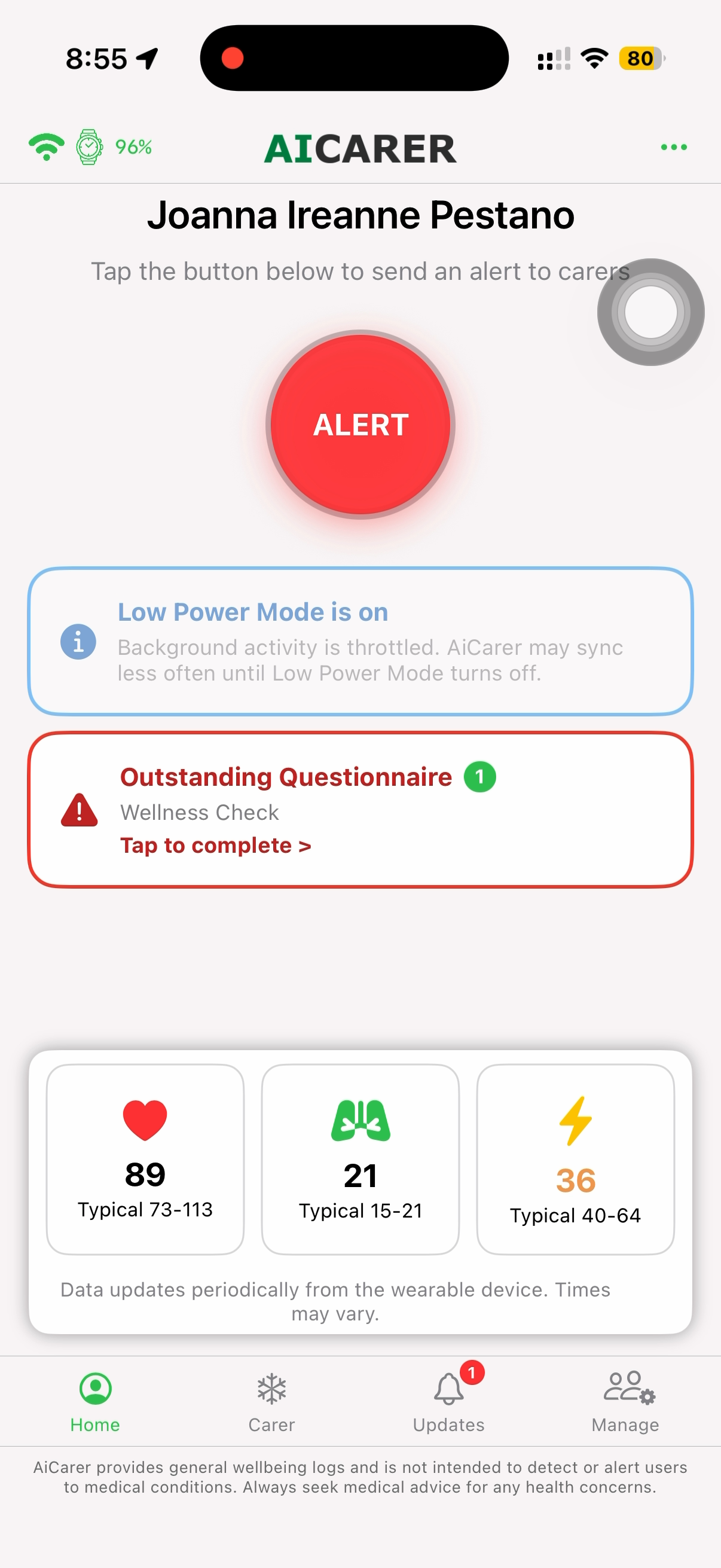 Home screen with the alert button