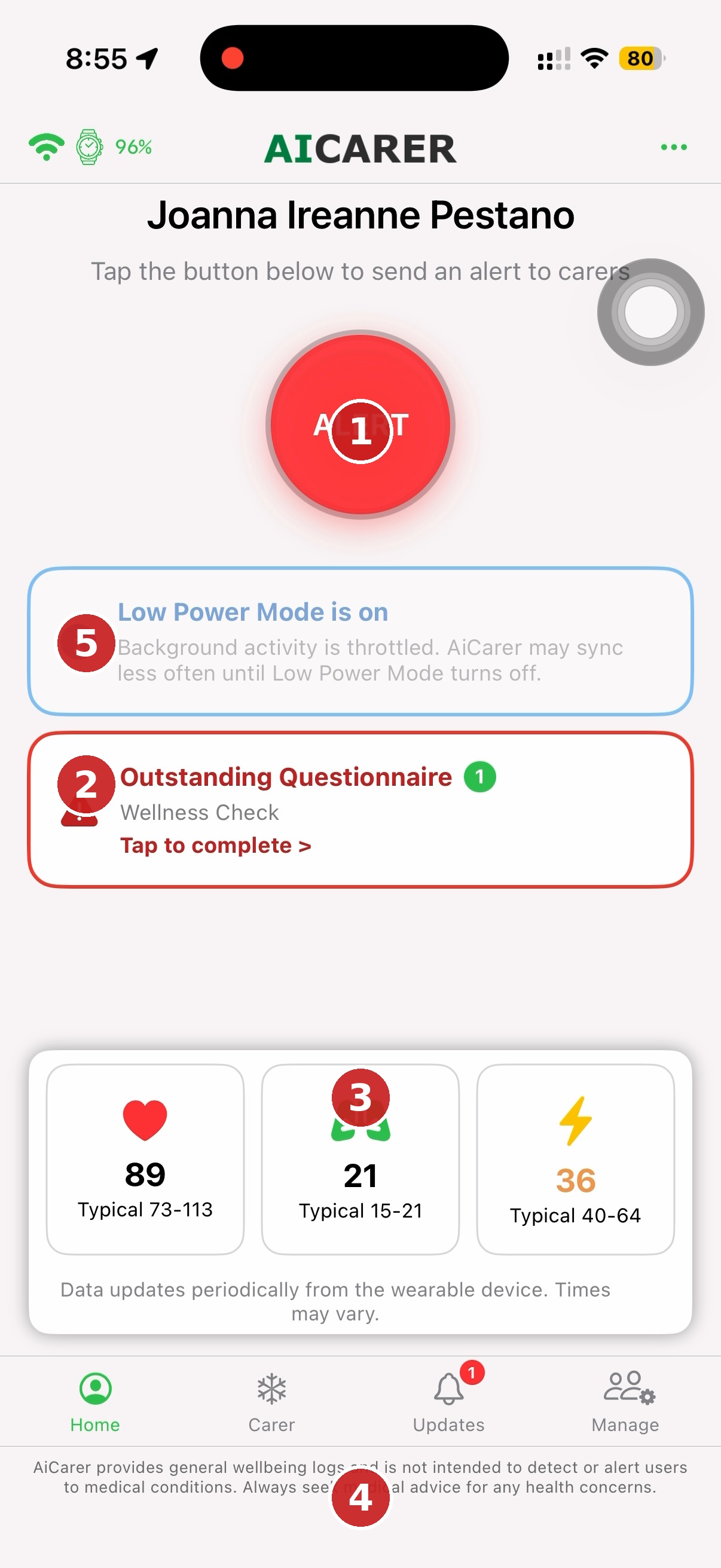 Home screen with the alert button, annotated