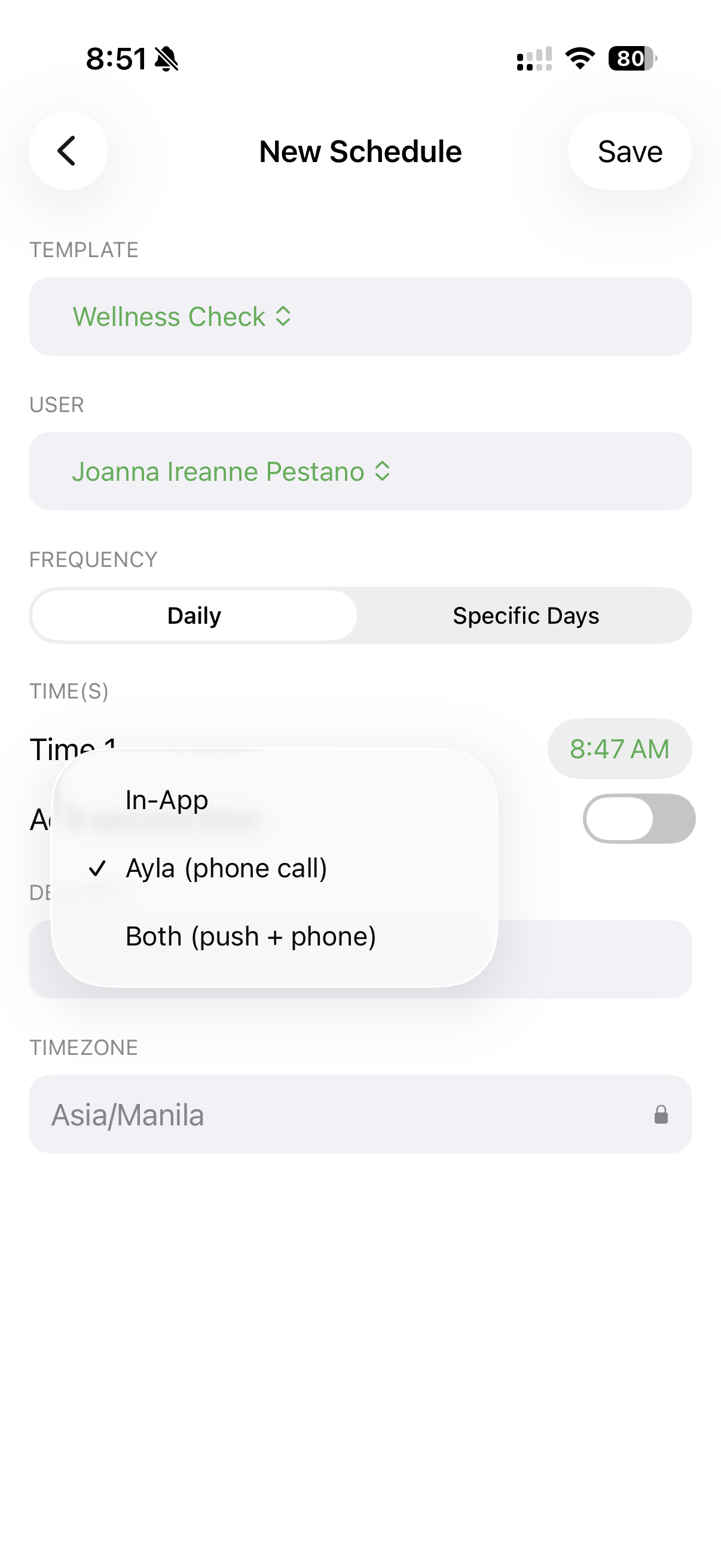 New schedule screen with the delivery method options