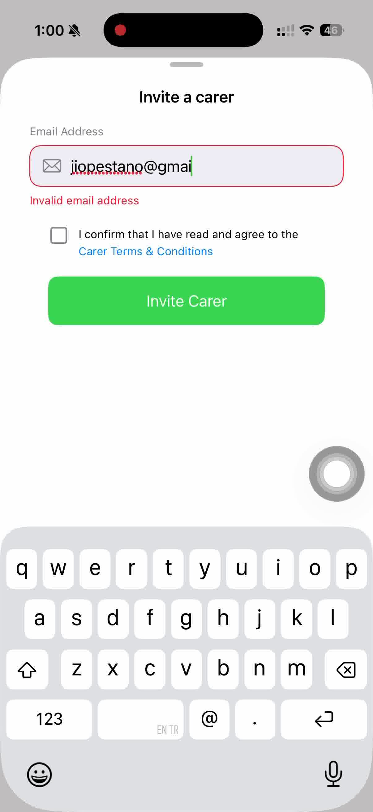 Invite carer screen opened from the Manage tab