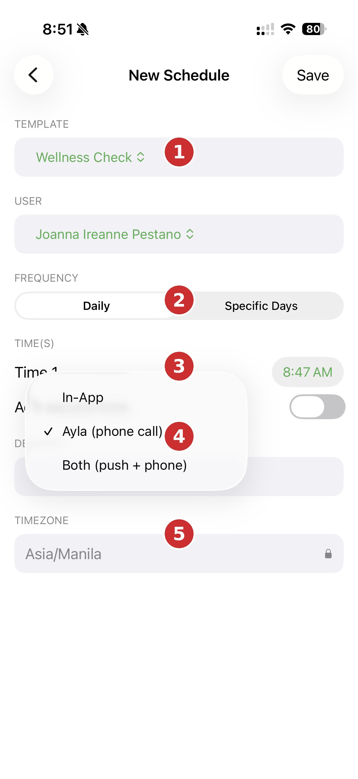New schedule screen, annotated