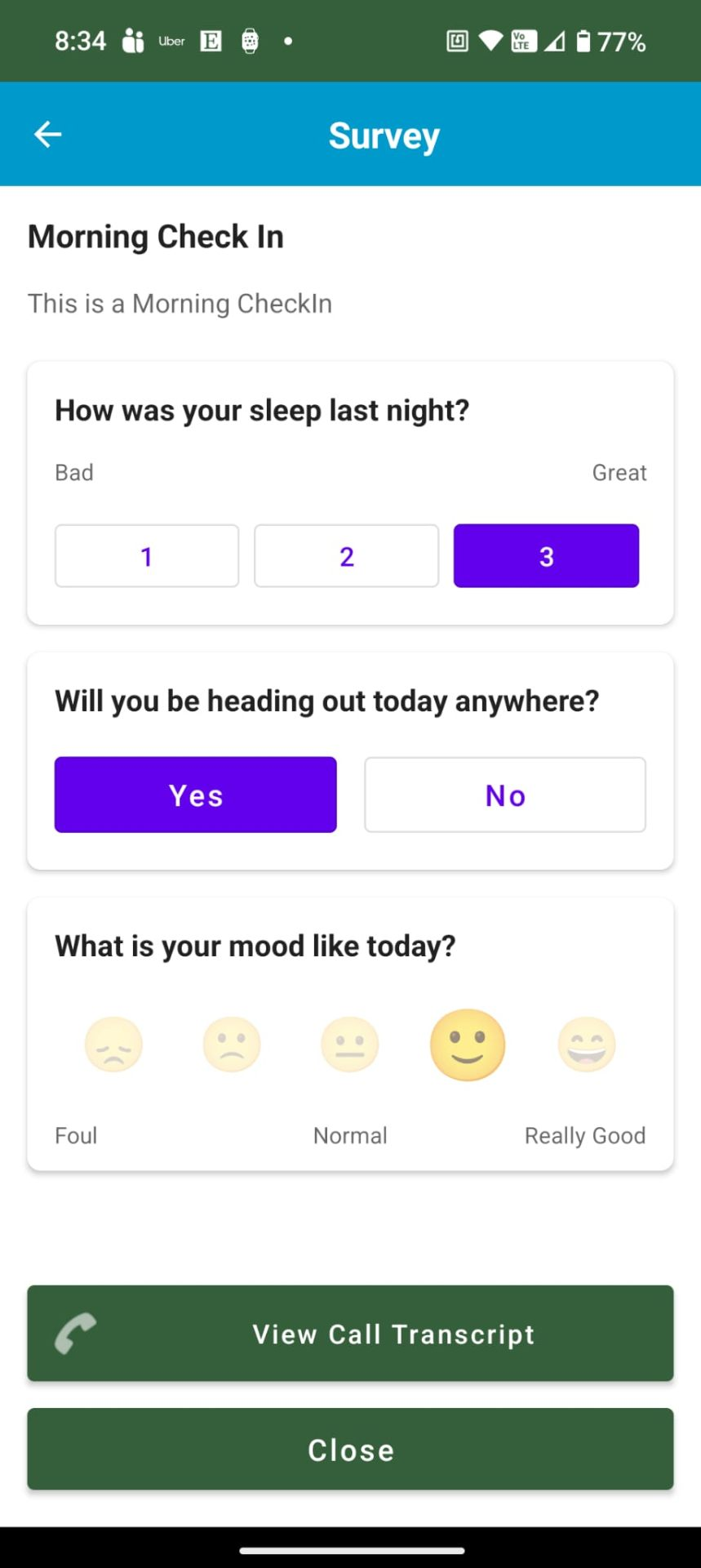 Survey and reminder screen