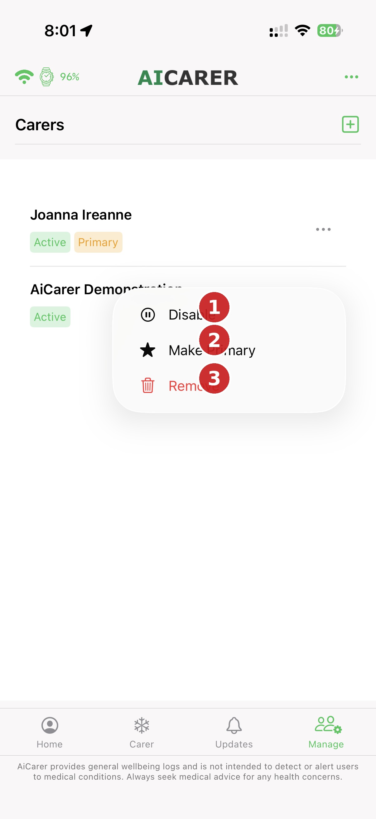 Annotated carer management menu
