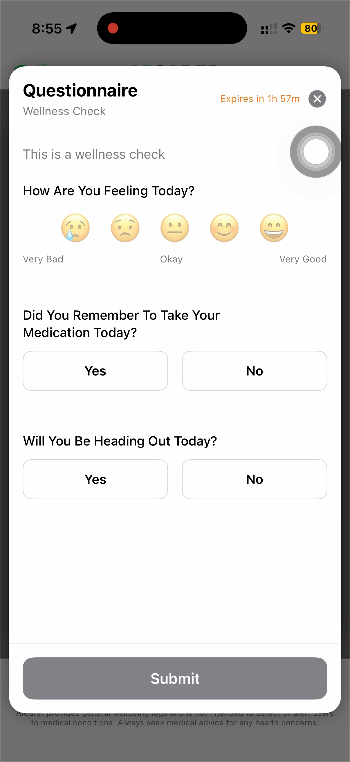 Wellness check questionnaire as seen by the person being cared for
