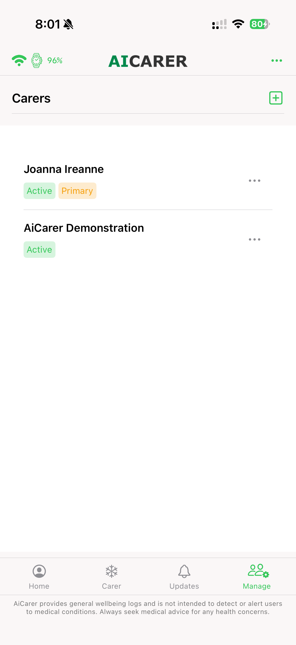 Carers list showing two connected carers