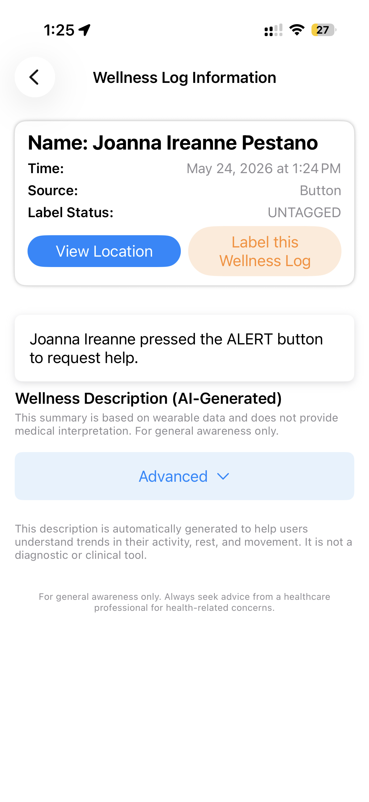 Alert record showing who triggered the alert and when
