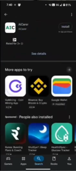 Android Play Store showing AiCarer in search results