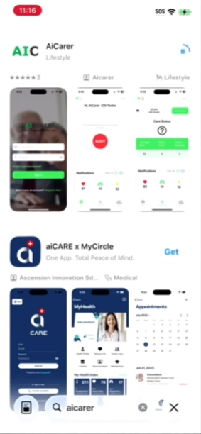 iPhone App Store showing AiCarer in search results
