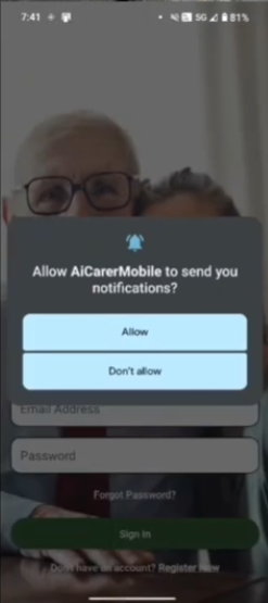 Android prompt asking to allow AiCarer to send notifications