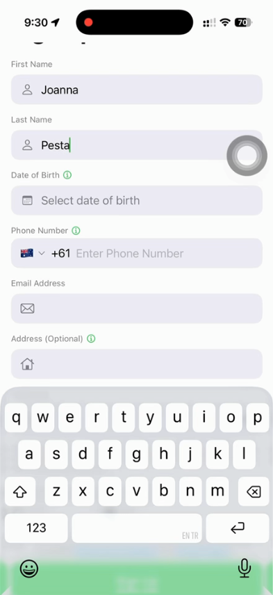 Registration form with first name, last name, date of birth, phone, email and address