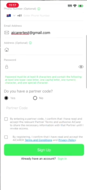 Registration form with password, partner code and Terms and Conditions