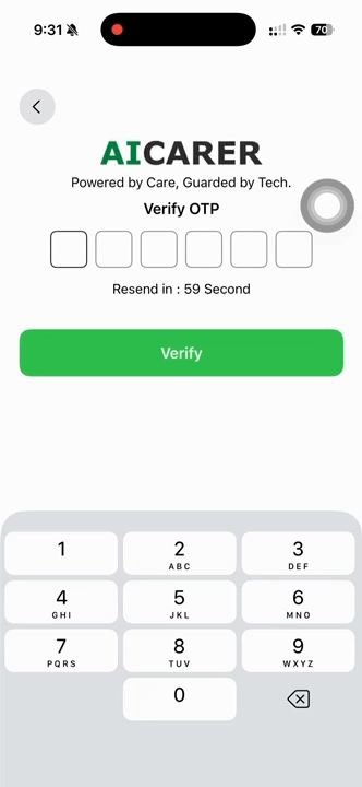 Email verification code screen with numeric keypad