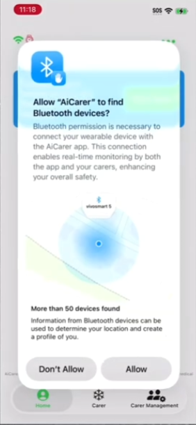 iPhone Bluetooth permission prompt for AiCarer