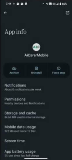 Android app info screen for AiCarer