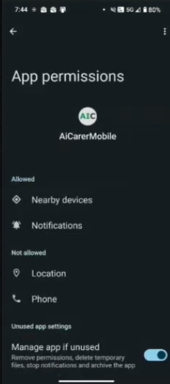 Android app permissions screen for AiCarer