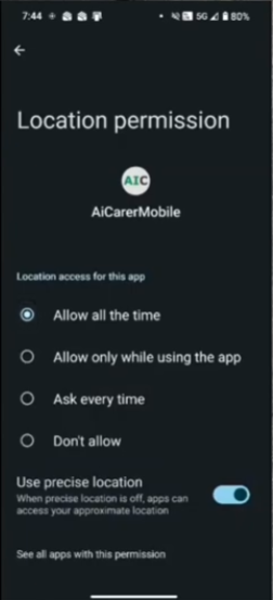 Android location permission set to Allow all the time