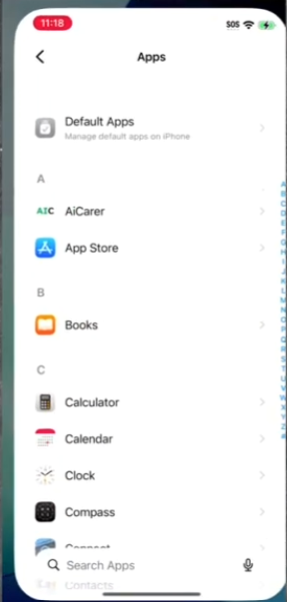 iPhone Settings list of apps with AiCarer visible
