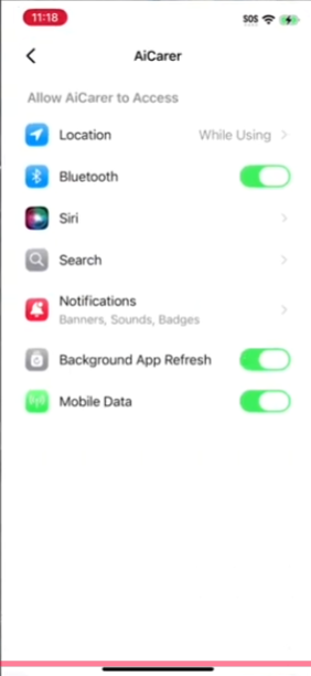 iPhone AiCarer settings screen