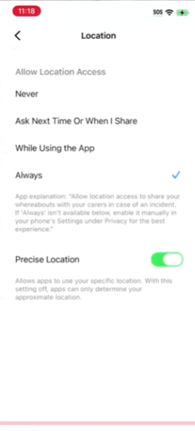 iPhone location set to Always with Precise Location on