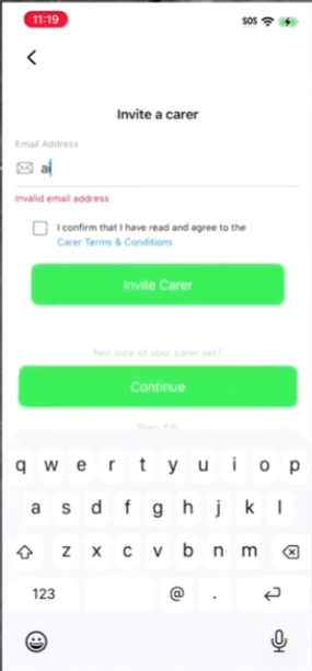 Invite a carer screen with email field and Terms checkbox