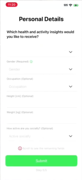 Personal details form with gender, occupation, height and weight