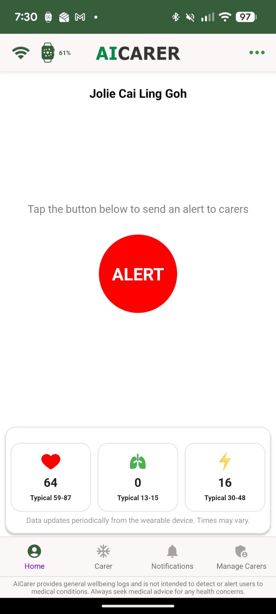 Carer add code screen