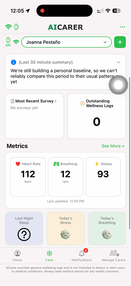 Connected user dashboard with health metrics
